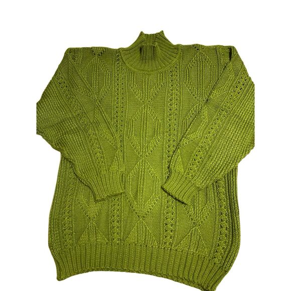 Olive Open Knit Heritage Cable Mockneck Sweater, OS. Balloonsleeves - Picture 1 of 8